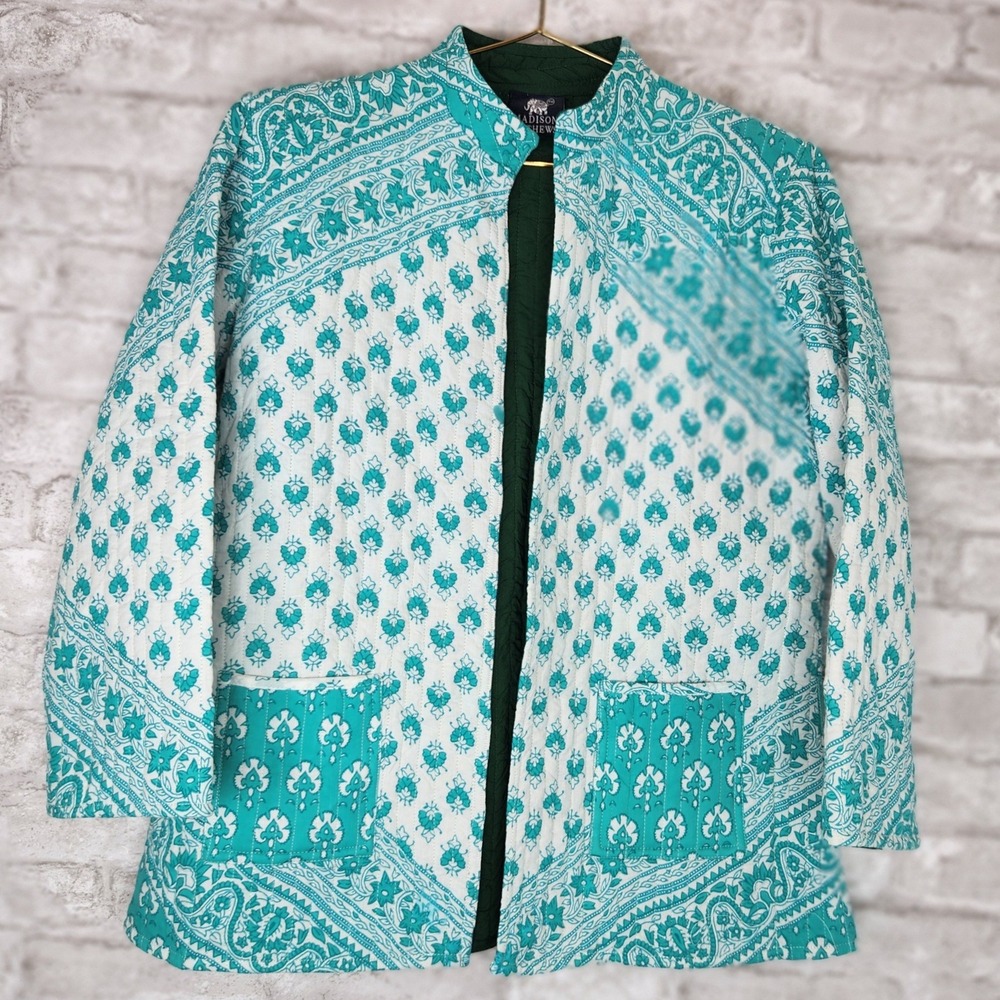 Madison Mathews Quilted Block Print Jacket Teal Floral Boho Cottagecore Small